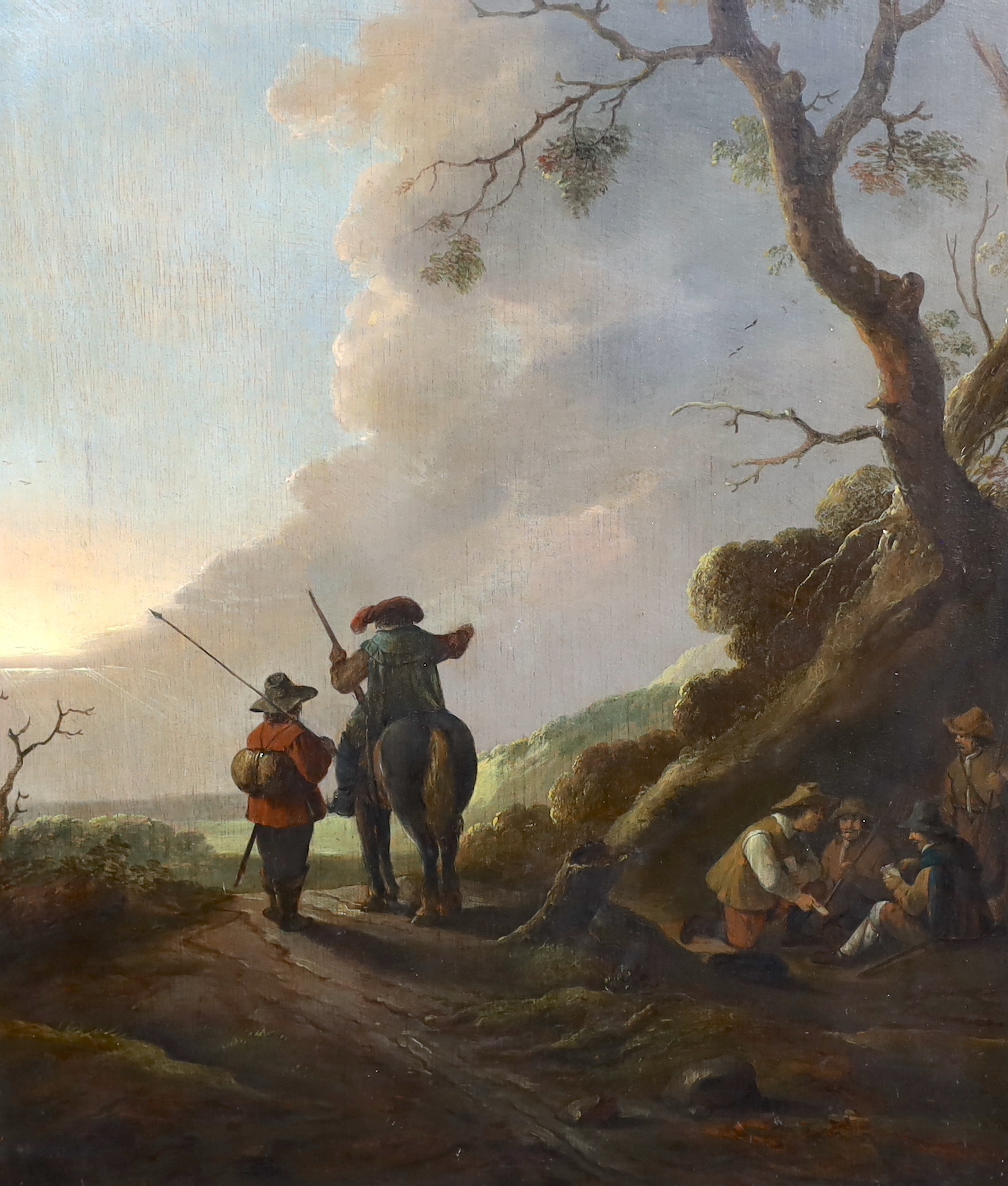 Circle of Jan Wouwerman (Dutch, 1629-1666), Country lane with figures playing cards and two others, one on horseback, oil on panel, 44 x 38cm, Please note this lot attracts an additional import tax of 5% on the hammer pr